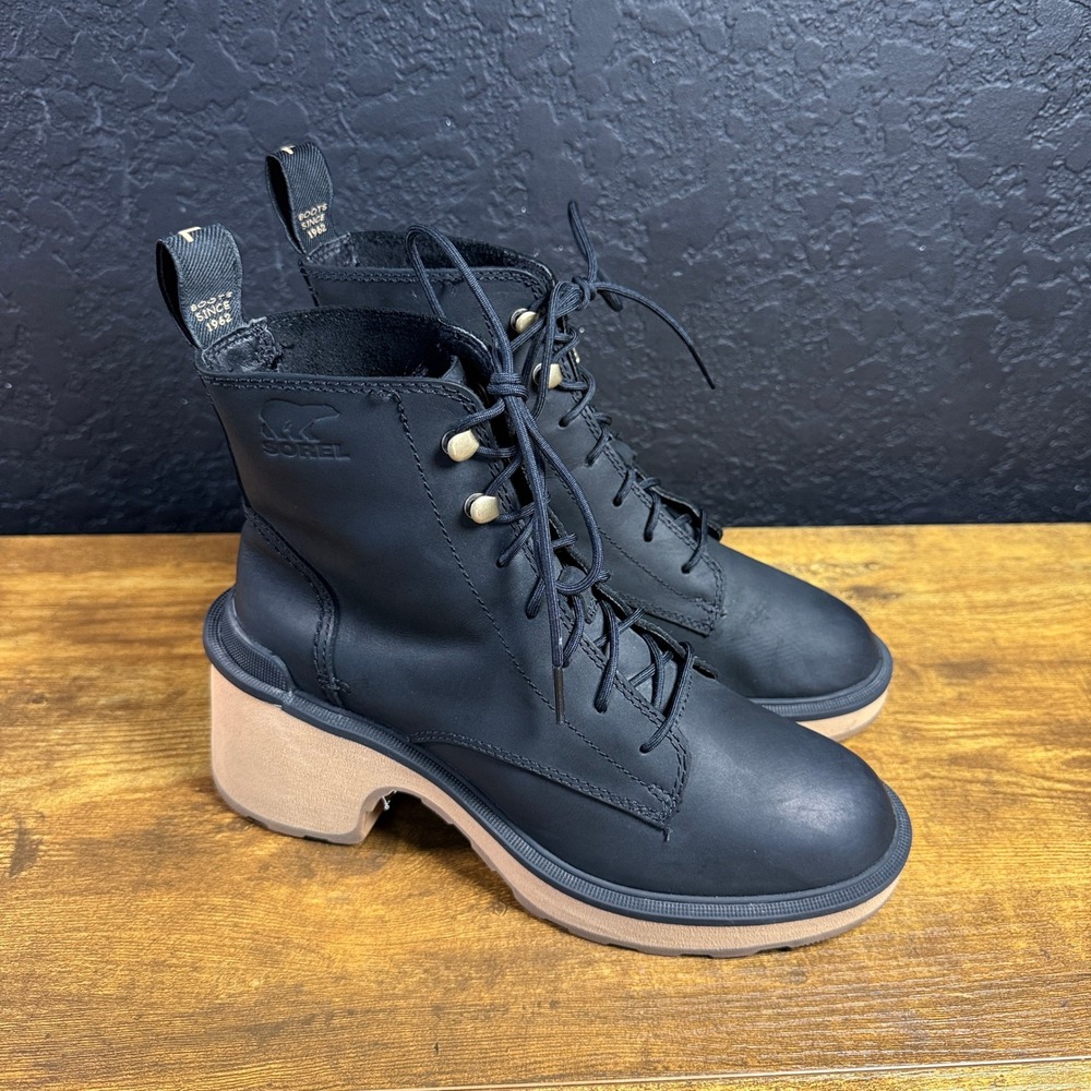 Sorel Hi-Line Heel Lace NL4875-010 Black Leather Ankle Boots Womens Size 6